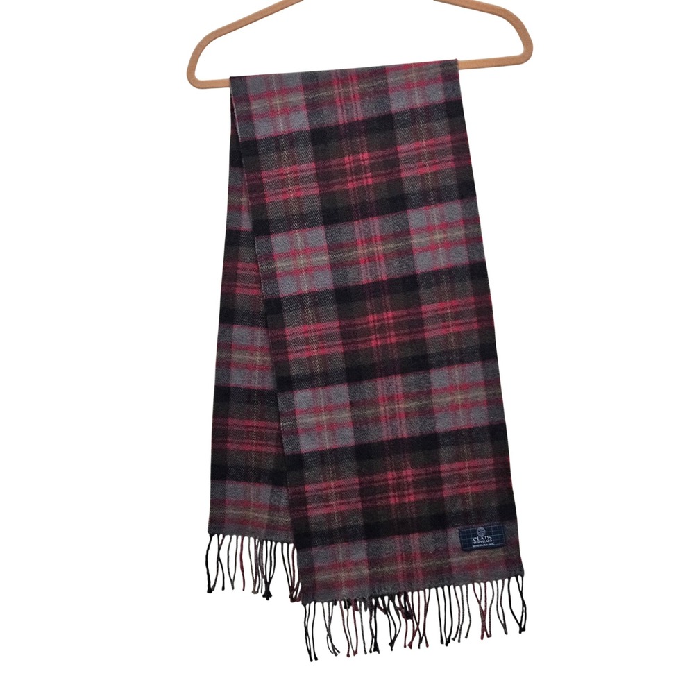 Clans of Scotland Scarf Red Grey Plaid Pure New Wool Fringe Tartan Preppy